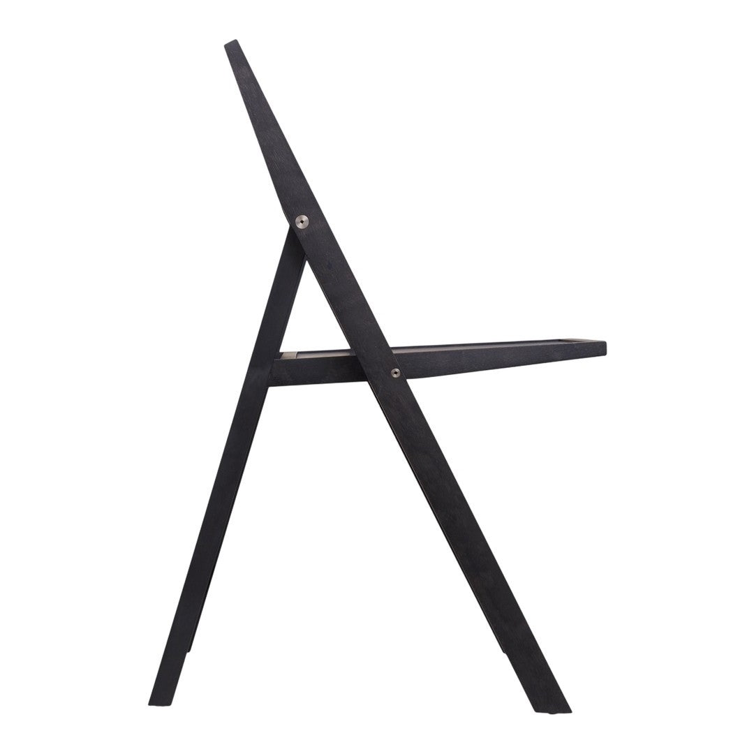 Black folding chair with a minimalist design and smooth finish, featuring sleek lines and a geometric silhouette.