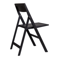 Black folding chair with a simple, sleek design and subtle matte finish, showcasing minimalistic style and durability.