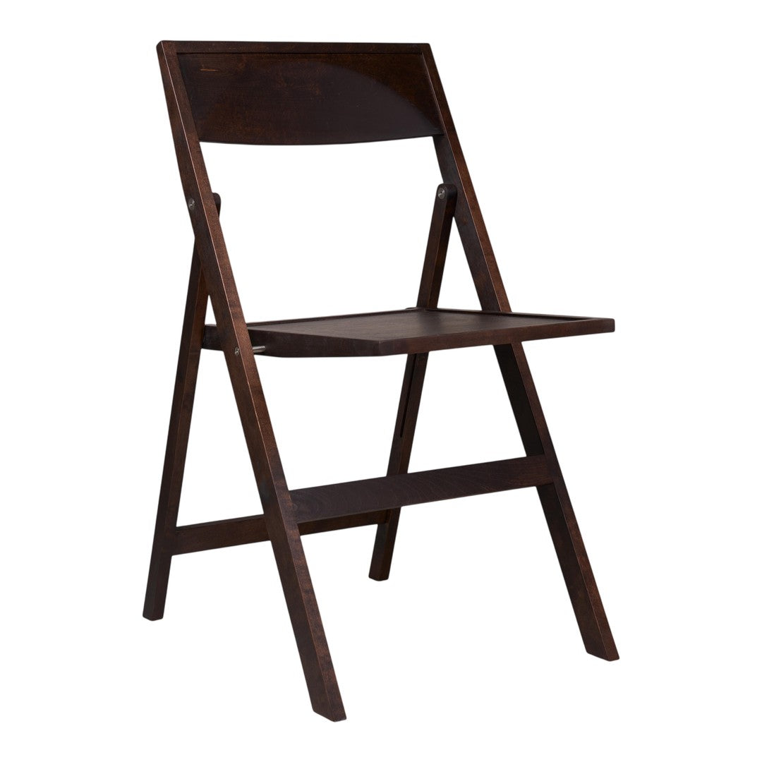 Dark wooden folding chair with a sleek, minimalistic design and smooth finish. Perfect for modern decor.
