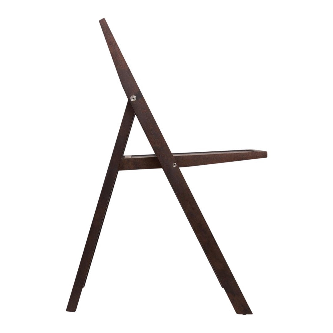 "Dark brown wooden folding chair with a simple and sleek design, featuring smooth lines and no visible patterns."