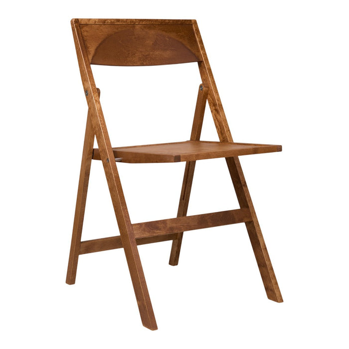Brown wooden folding chair with a smooth finish and minimalist design. Perfect for versatile home decor.