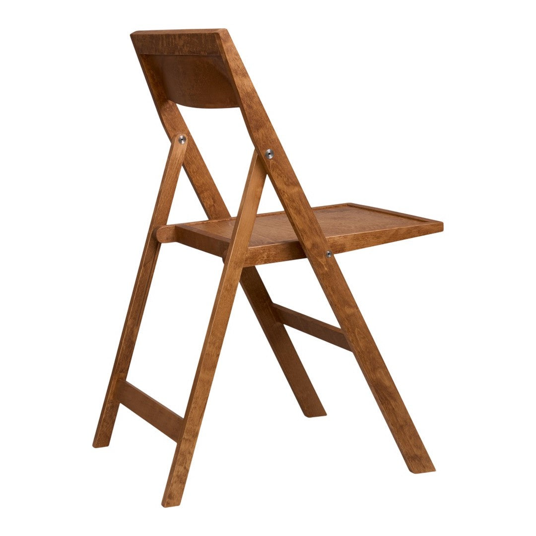 "Natural wood folding chair in warm brown tones with a sleek, minimalist design."