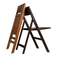 Wooden folding chair in natural wood and dark brown finish, featuring a sleek, minimalist design.