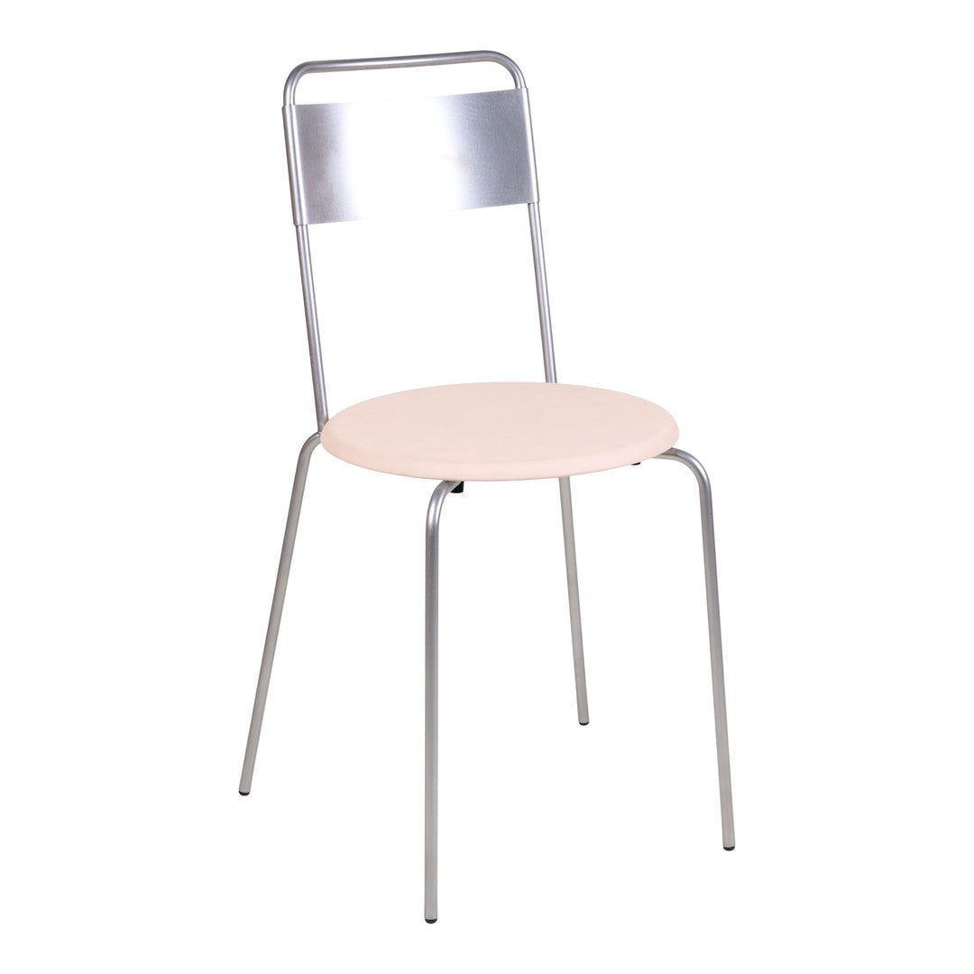 Metal chair with a sleek silver frame and a soft pink circular seat. Minimalist design, perfect for modern decor.