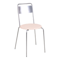 Metal chair with a sleek silver frame and a soft pink circular seat. Minimalist design, perfect for modern decor.