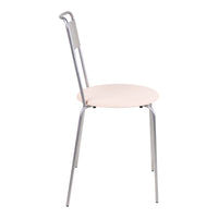Light pink round seat with sleek silver metal legs and backrest, featuring a minimalist design.
