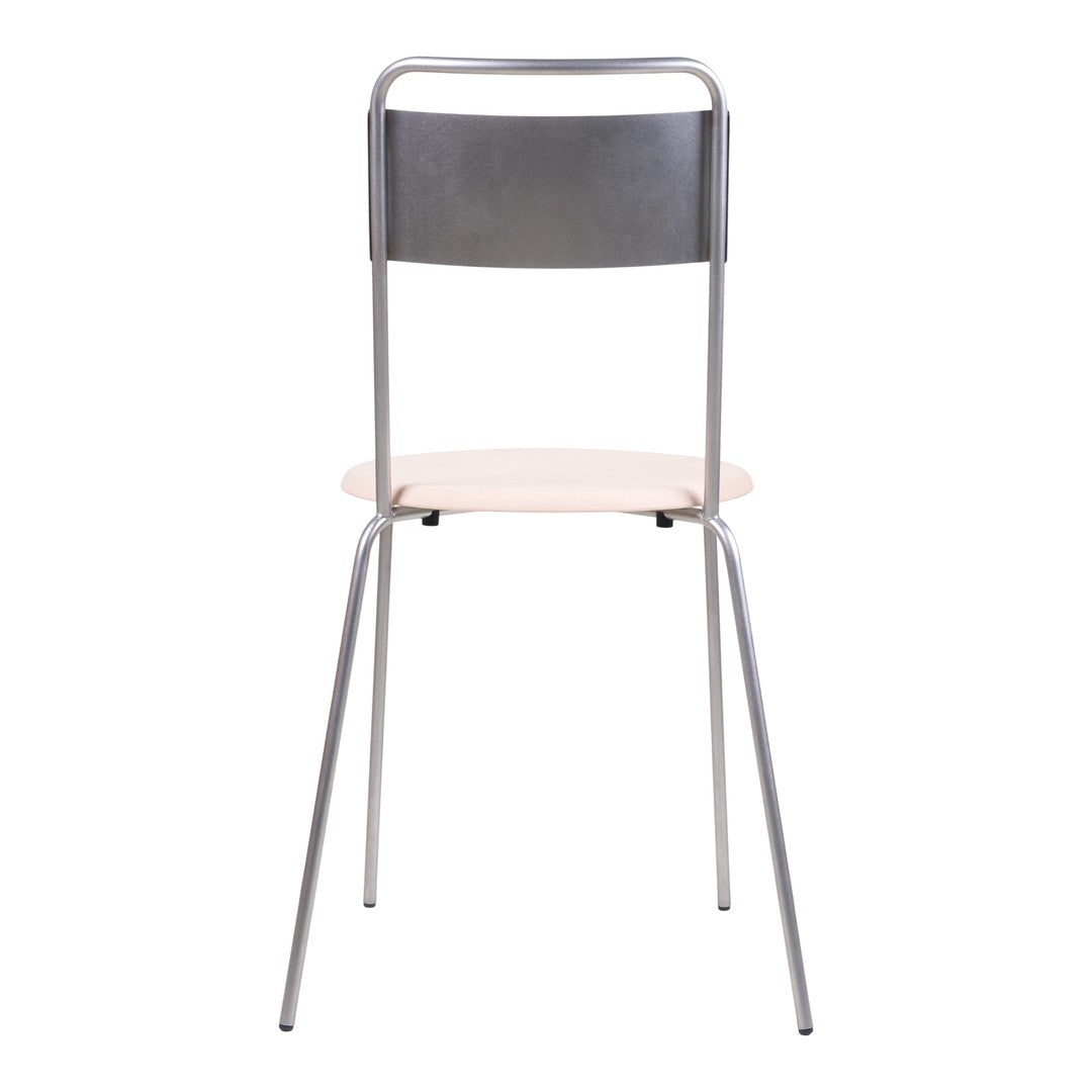 Gray metal chair with a light wooden seat, featuring a minimalist design and clean lines. Perfect for modern spaces.