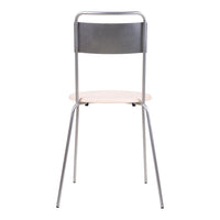 Gray metal chair with a light wooden seat, featuring a minimalist design and clean lines. Perfect for modern spaces.
