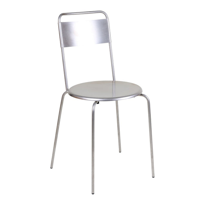 Silver metal chair with a sleek, minimalist design and smooth surfaces, perfect for modern interiors.