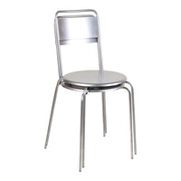 Sleek silver metal chair with a smooth, shiny finish and minimalist design. Perfect for modern decor.