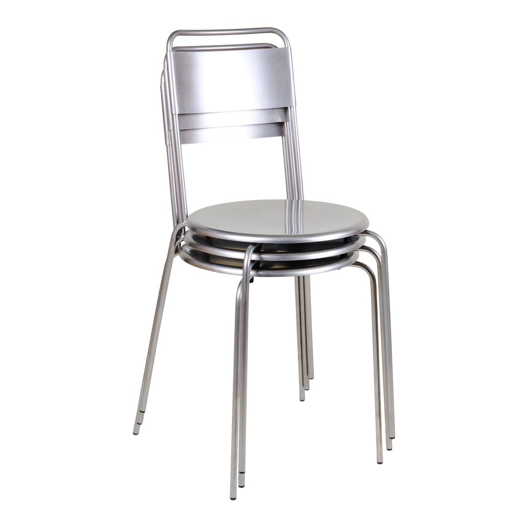 Silver metal chair with a sleek, minimalist design and smooth, shiny finish, perfect for modern interiors.