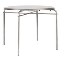 Round white tabletop with sleek silver metal legs, featuring a minimalist, modern design.
