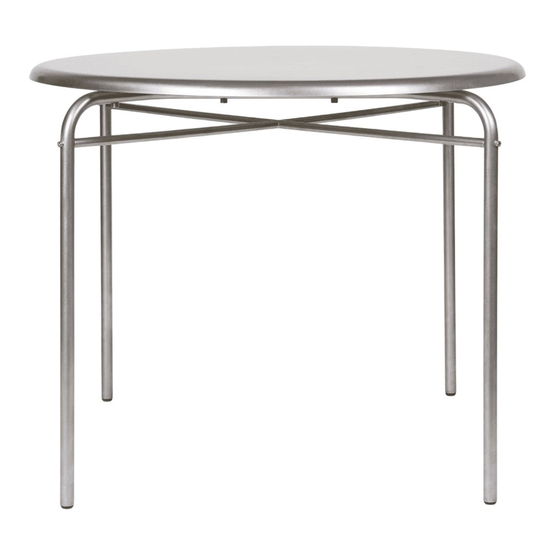 Round silver table with a sleek metal frame and smooth, reflective surface, perfect for modern decor.