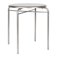 Modern round table with a sleek silver metal frame and smooth white top, suitable for any decor style.
