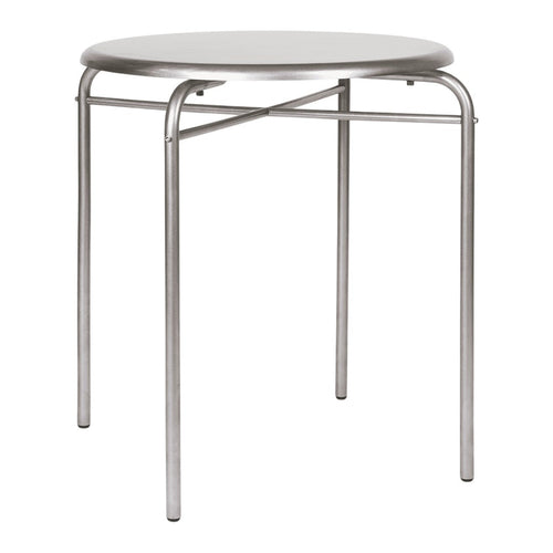 Modern round table with a sleek silver metal frame and smooth white top, suitable for any decor style.