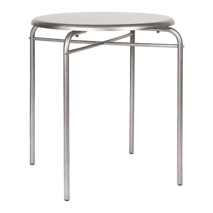 Modern round table with a sleek silver metal frame and smooth white top, suitable for any decor style.