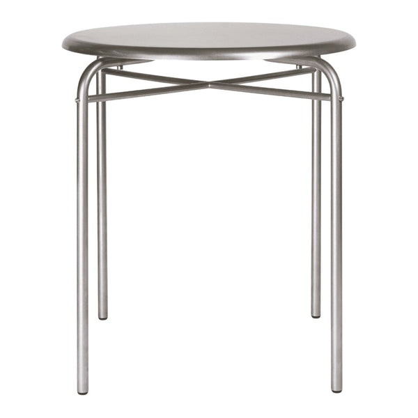 Silver round table with a minimalist design and crisscross metal legs, perfect for modern interiors.