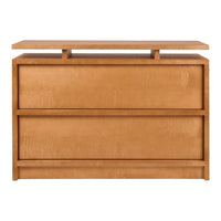 Modern light brown wood dresser with clean lines and minimalist design, featuring three spacious drawers and a flat top.