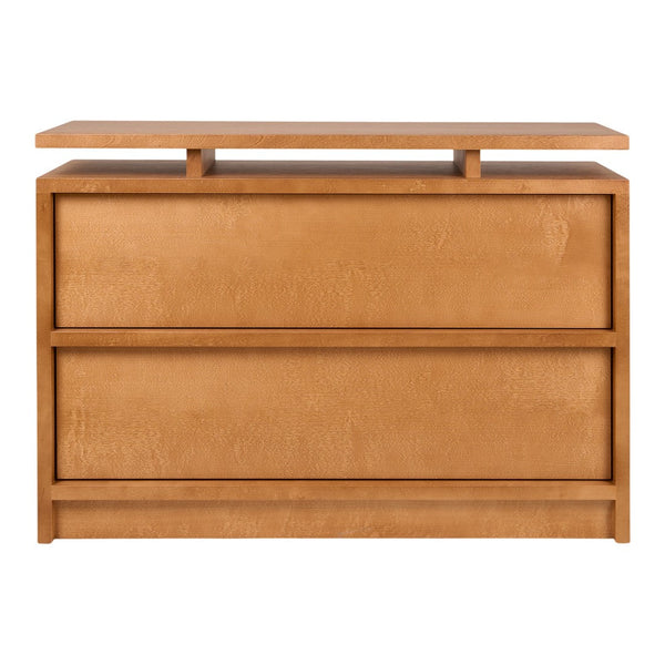 Modern light brown wood dresser with clean lines and minimalist design, featuring three spacious drawers and a flat top.