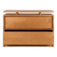 Modern wooden chest in warm honey brown finish with sleek, minimalist design. Features two spacious drawers.