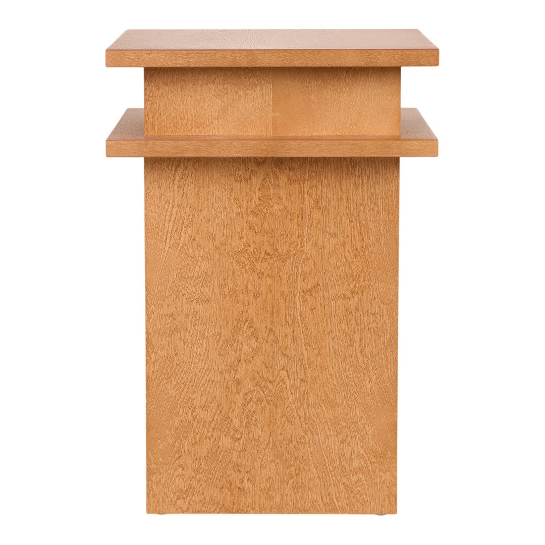 Light brown wood pedestal table with a smooth, matte finish and a simple rectangular design.