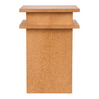 Light brown wood pedestal table with a smooth, matte finish and a simple rectangular design.