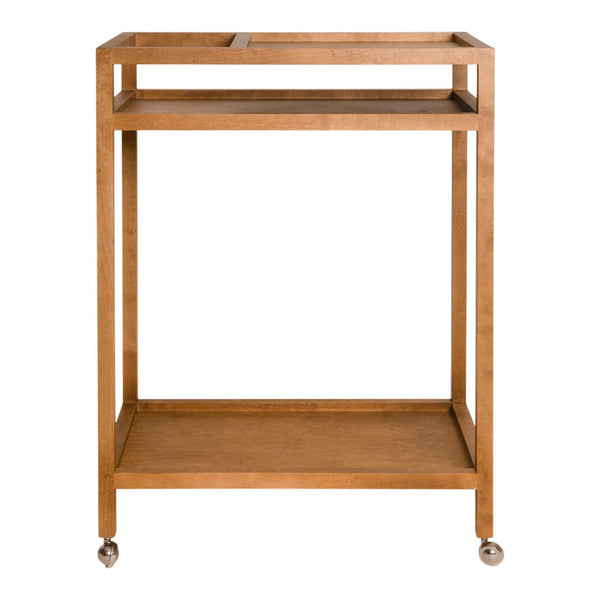 Modern metal cart in warm bronze finish with a sleek design and open shelves, ideal for stylish storage solutions.