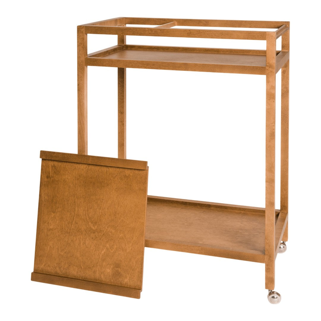 Metallic gold bar cart with a sleek design, featuring a smooth top and lower shelf. Ideal for stylish entertaining.