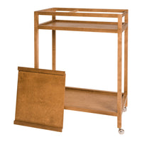 Metallic gold bar cart with a sleek design, featuring a smooth top and lower shelf. Ideal for stylish entertaining.