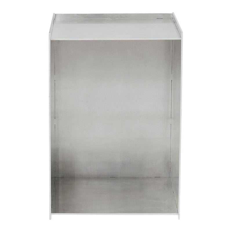 Silver metal box with a smooth, reflective surface and clean, minimalistic design. Ideal for modern decor.
