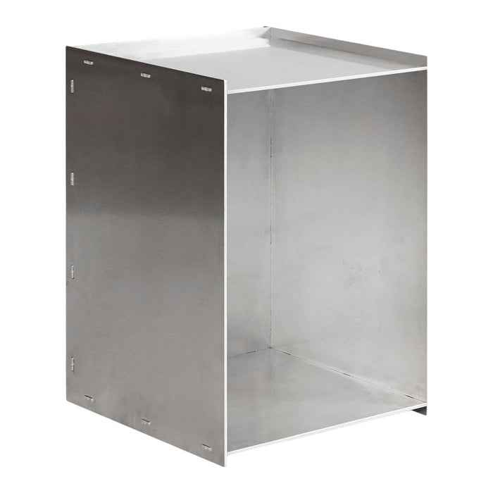 Stainless steel storage cube with a sleek, shiny surface and minimalistic design.
