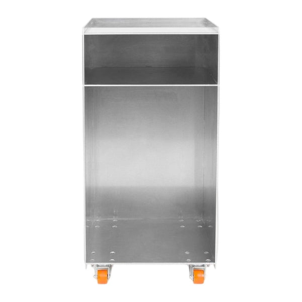 Metallic silver storage cart with smooth surface and bright orange wheels, featuring a sleek and minimalist design.