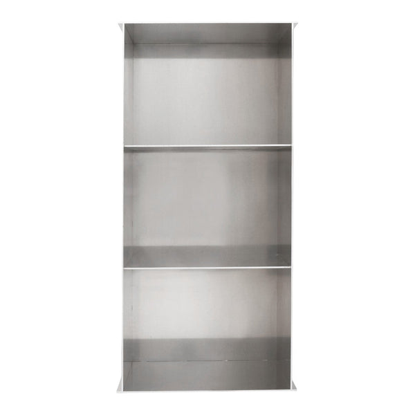 Sleek stainless steel shelving unit with a smooth metallic finish and simple, modern design.