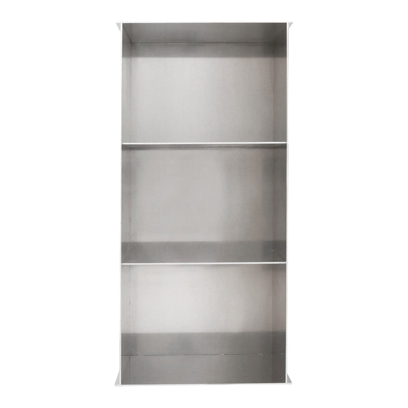 Sleek stainless steel shelving unit with a smooth metallic finish and simple, modern design.