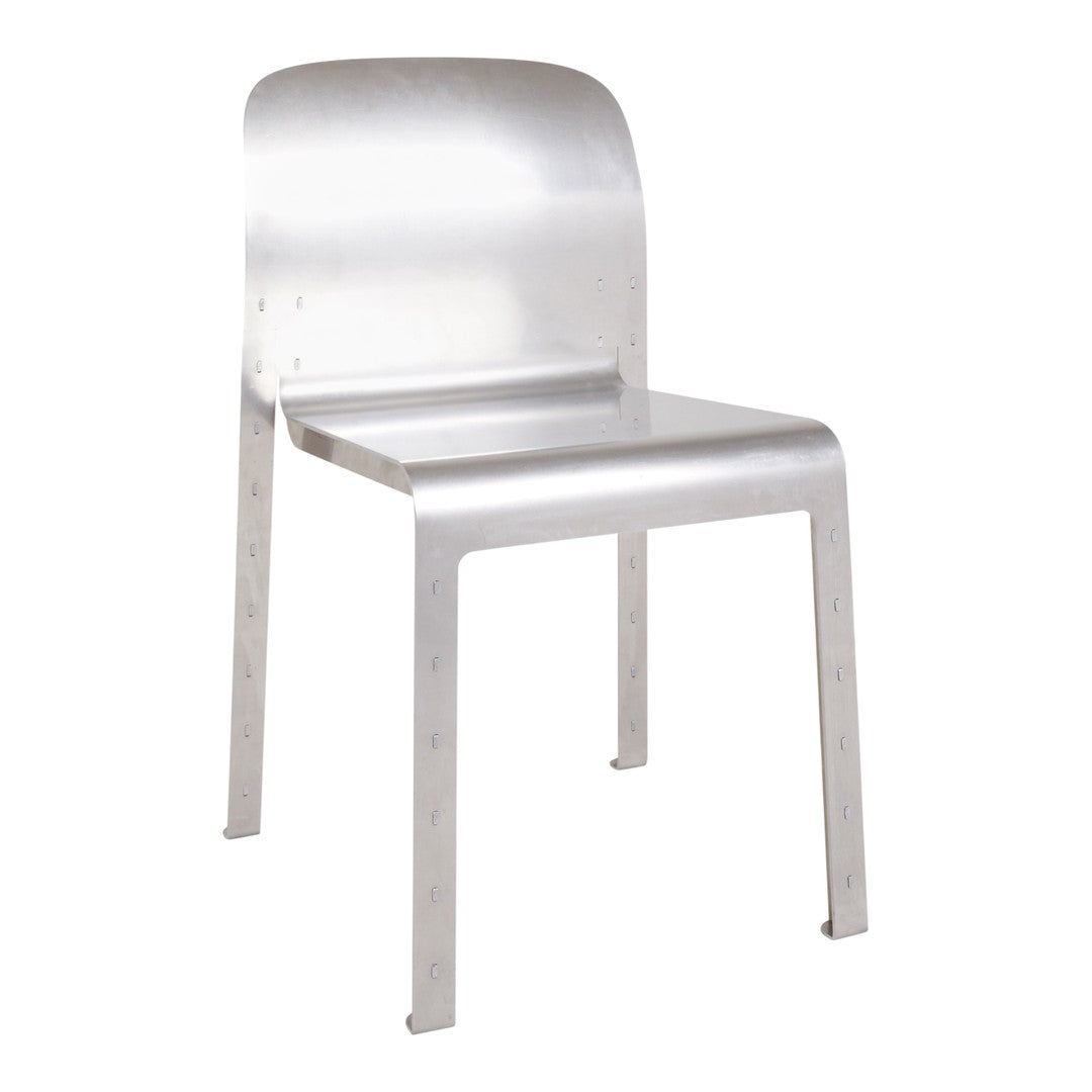 Silver metal chair with a sleek, minimal design and smooth finish. Perfect for modern decor.