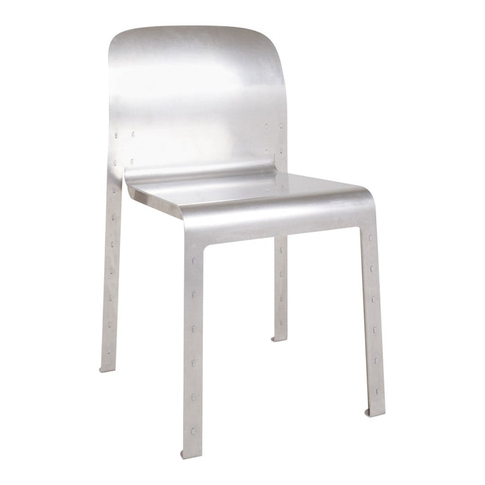 Silver metal chair with a sleek, minimal design and smooth finish. Perfect for modern decor.