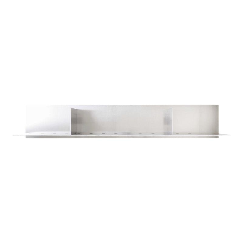 Sleek white and silver modern shelf with a minimalist design and smooth, reflective surfaces.