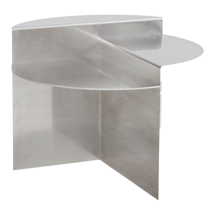 Sleek silver metal side table with smooth, curved surfaces and minimalist design. Perfect for modern interiors.