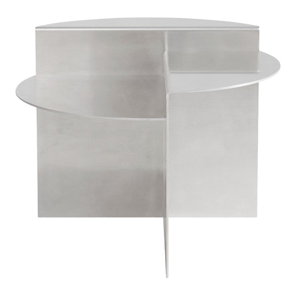 Sleek silver circular side table with a minimalist design and geometric shapes. Ideal for modern decor.