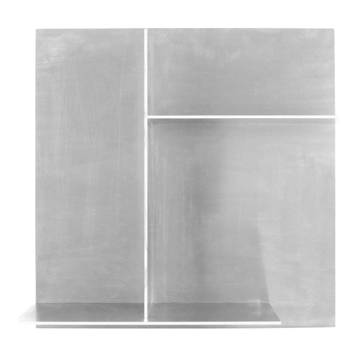 Gray minimalist shelving unit with clean lines and a subtle, smooth texture, perfect for modern decor.