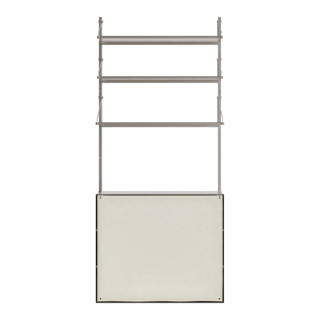 "Modern metal shelving unit with a sleek silver finish and a neutral cream base, featuring clean lines and minimal design."