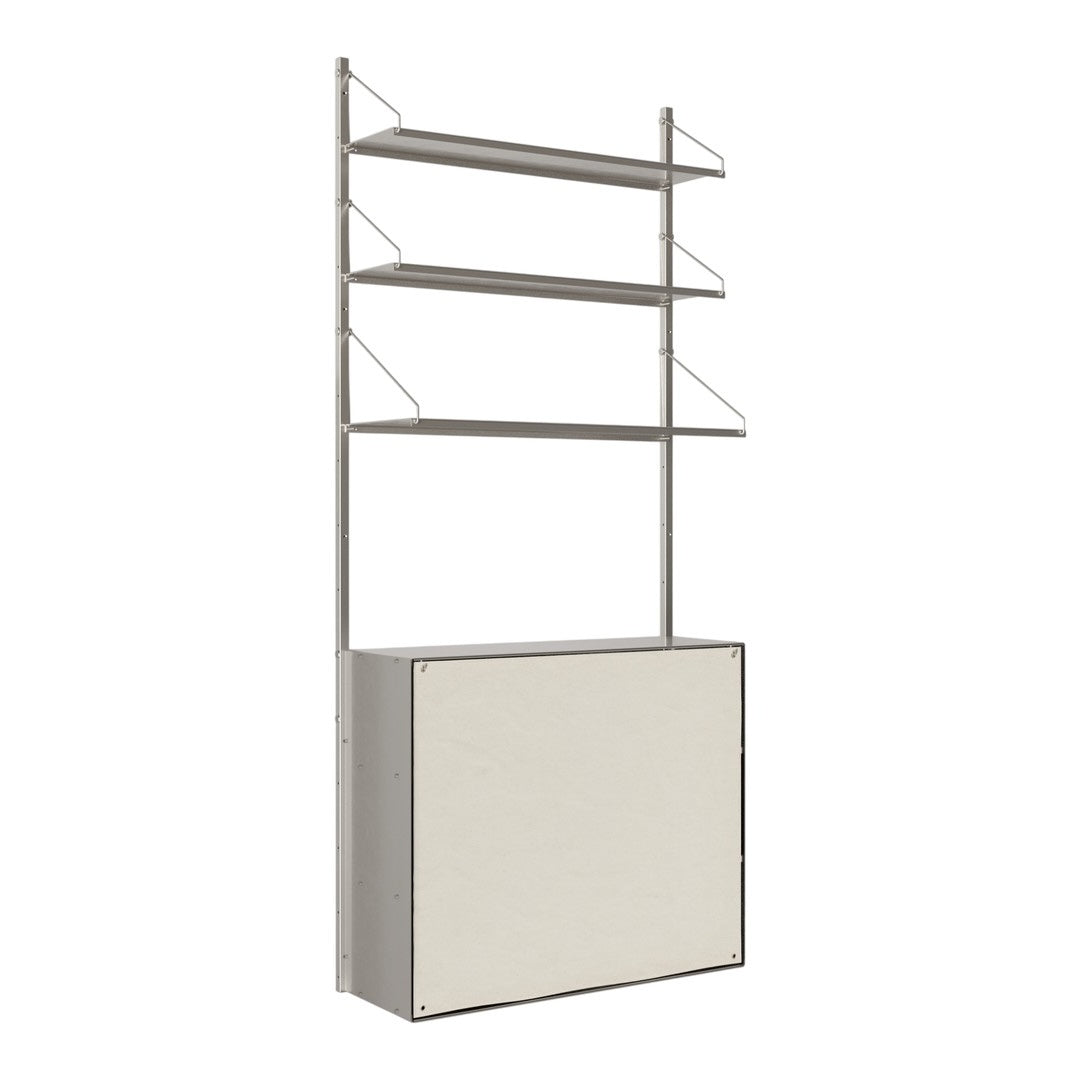 Modern shelving unit with a sleek silver frame and soft beige storage compartment, featuring minimalist design elements.