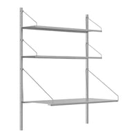 Silver metal shelving unit with three smooth shelves and minimalist design, featuring subtle wire accents.