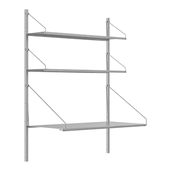 Silver metal shelving unit with three smooth shelves and minimalist design, featuring subtle wire accents.