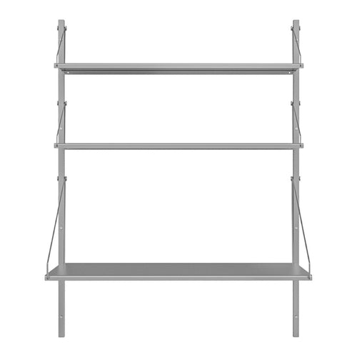 Gray metal shelving unit with three open shelves and minimalist design. Perfect for modern interiors.