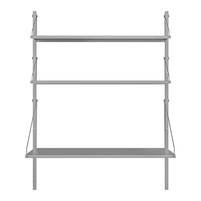 Gray metal shelving unit with three open shelves and minimalist design. Perfect for modern interiors.