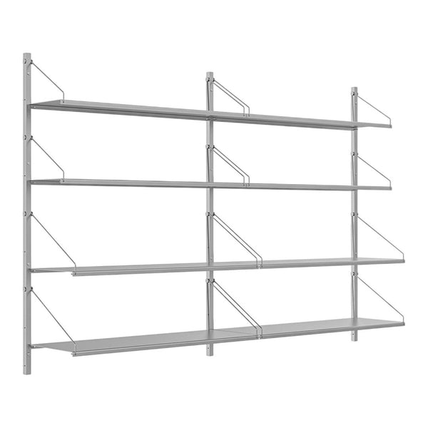Sleek silver metal shelving unit with open design and smooth, minimalist lines, perfect for modern decor.