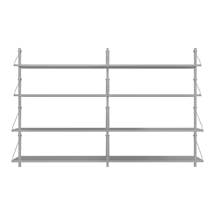 Gray metal shelving unit with clean lines and open design, featuring five shelves for versatile storage.