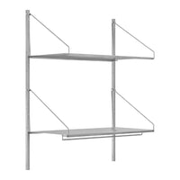 Silver metal shelving unit with sleek, minimalist design and three rectangular shelves, featuring clean lines.