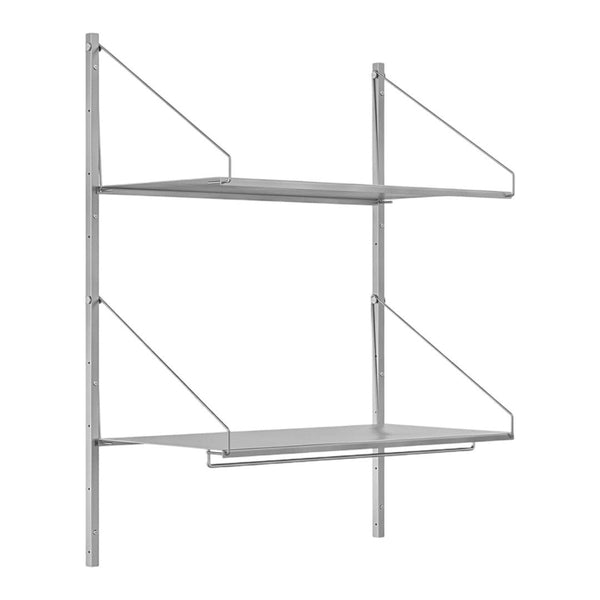 Silver metal shelving unit with sleek, minimalist design and three rectangular shelves, featuring clean lines.
